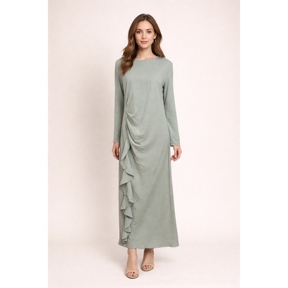 ASOS DESIGN Sage Green Long Sleeve Maxi Dress Women Size 12 US Ruffle Side Drape